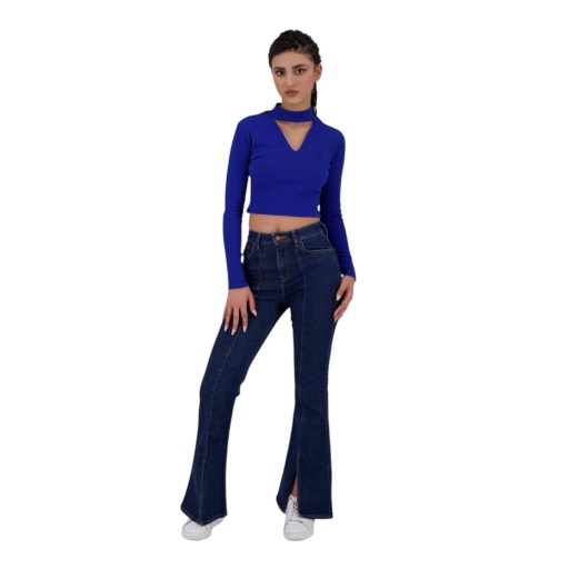 T-shirt crop côtelé femme manches longues avec détail cut out