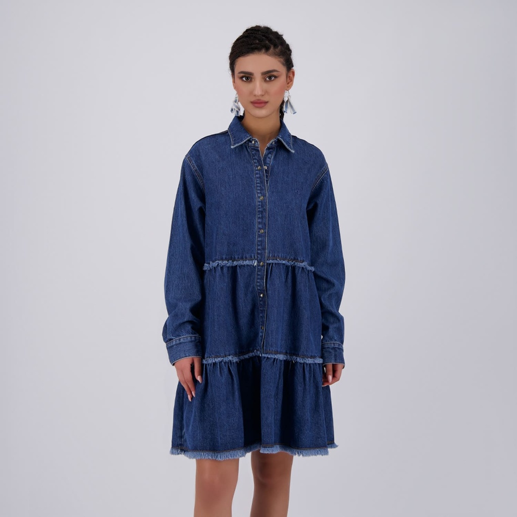 Robe chemise femme a volants en jeans- RAFLA