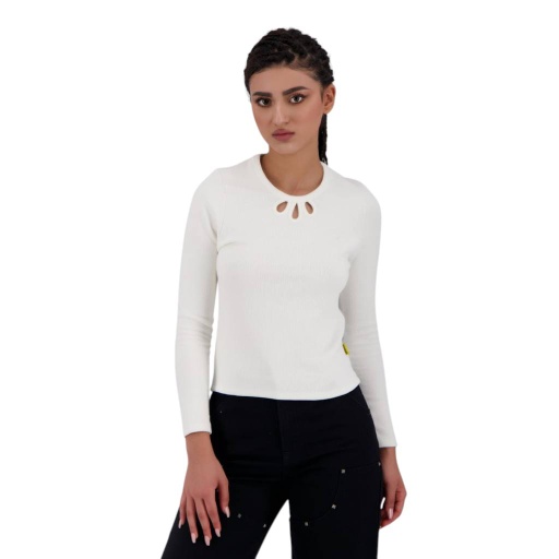 T-shirt côtelé femme manches longues avec cut out fleur