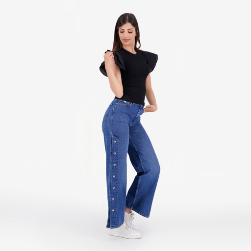 [05-010-02-682-K040-L] T-shirt côtelé femme manches à volant en chaine et trame (Noir, L)