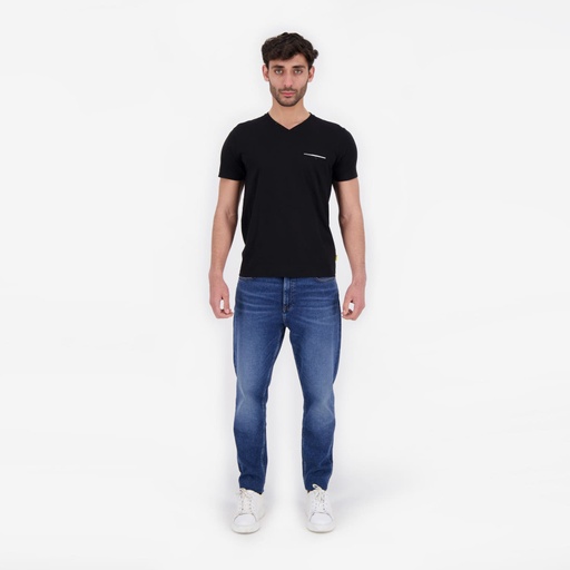 [05-010-02-458-K040-L] T-shirt homme manches courtes col tunisien et poche passepoilée (Noir, L)