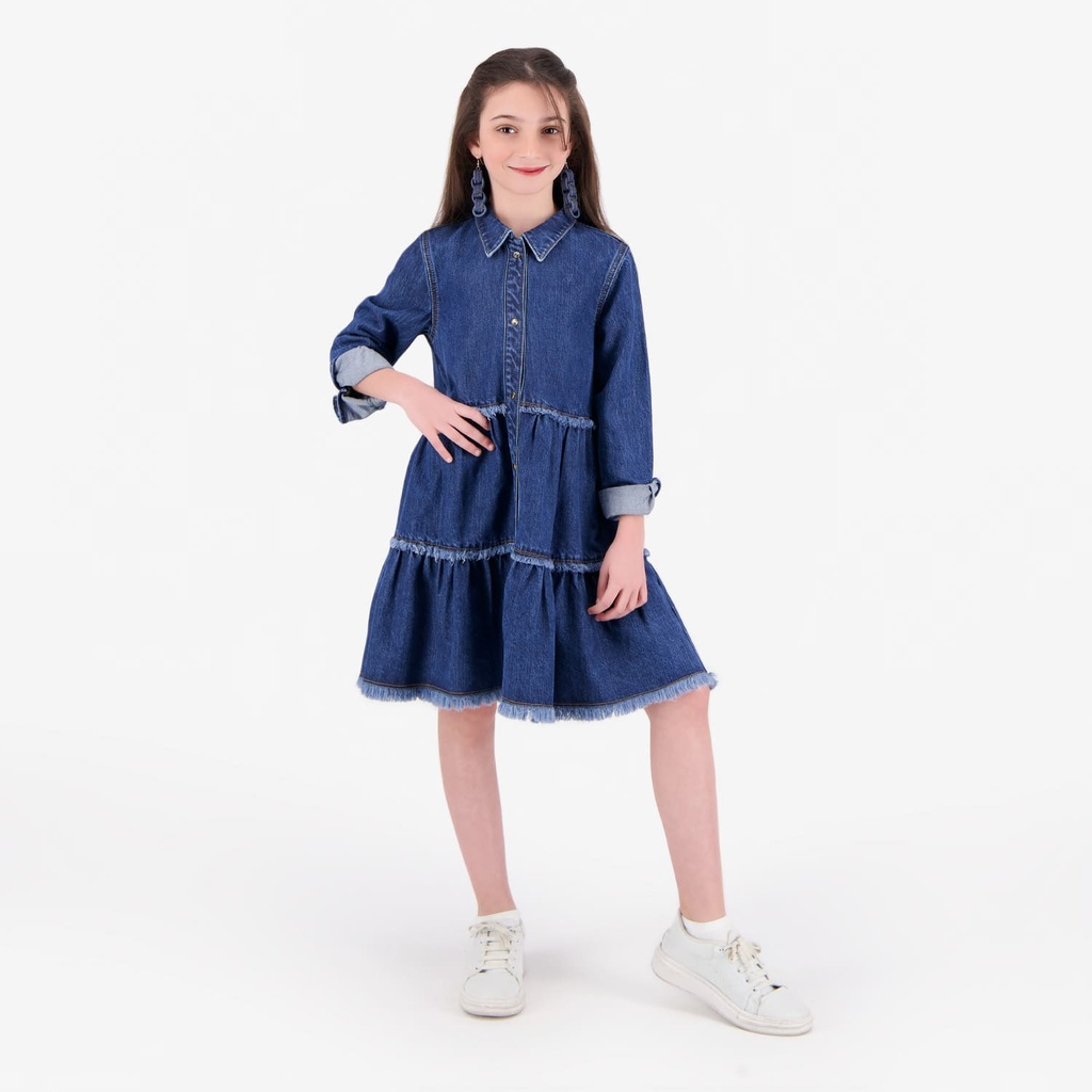 Robe chemise fille a volants en jeans