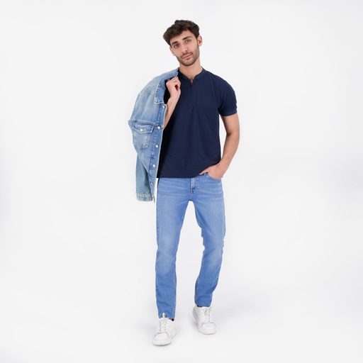 [05-010-15-060-K015-L] Polo col mao zippé homme manches courtes avec broderie (Bleu Marine, L)