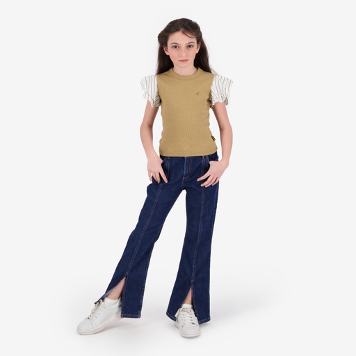 [05-010-02-728-K156-10/12A] T-shirt côtelé fille manches à volant en chaine et trame (Marron Clair , 10/12A)