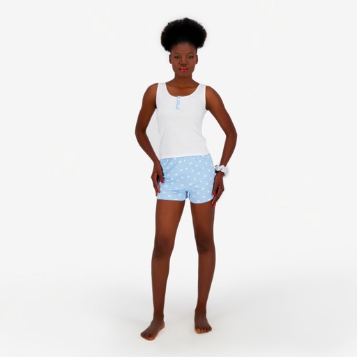[05-010-26-046-K965-L] Ensemble femme débardeur et short avec patte boutonnée (Blanc &amp; Bleu Imprimé Point, L)