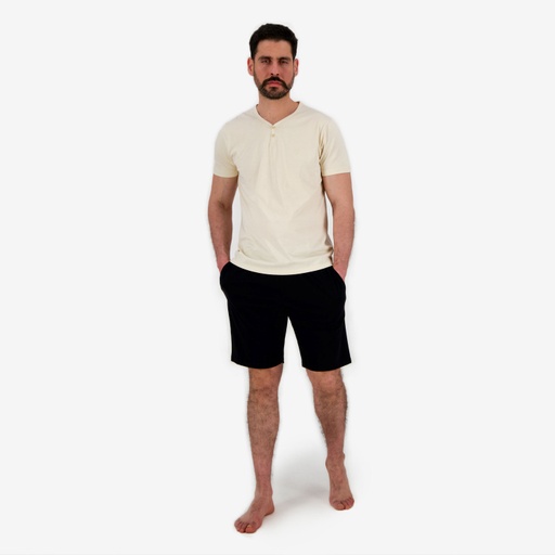 [05-010-28-027-K826-L] Ensemble homme manches courtes col tunisien avec broderie (Beige &amp; Noir, L)