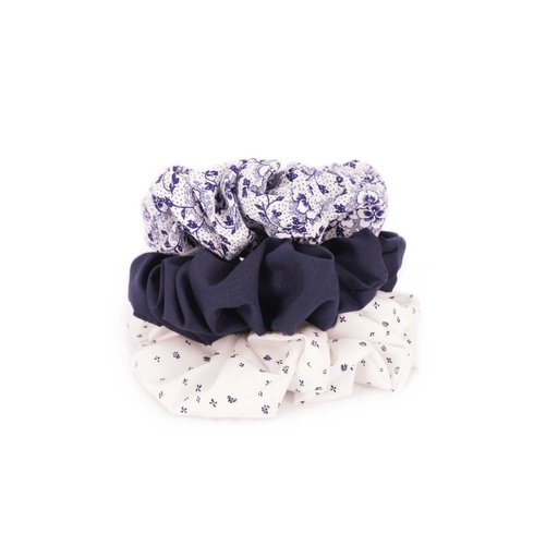 [01-010-112-001-K977] Lots de scrunchies cheveux femme (Blanc Imprimé petit fleur &amp; Blanc Imprimé Fleur &amp; Bleu Marine)