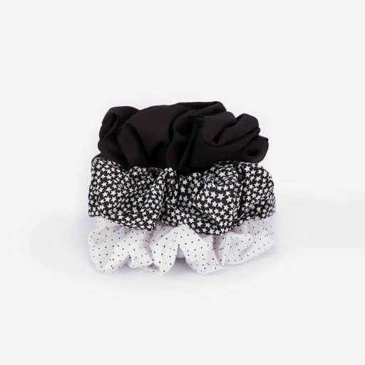 [01-010-112-001-K978] Lots de scrunchies cheveux femme (Noir Imprimé Étoile &amp; Blanc Imprimé Petit point &amp; Noir)