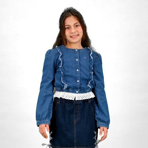 [01-010-121-005-K419-10A] Blouse fille boutonnée avec volant et broderie anglaise (10A)