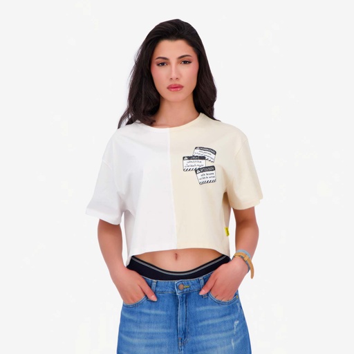[05-010-02-812-K811-L] Upcycling t-shirt crop femme manches courtes POSTCARD &amp; WARNING V1 (L)