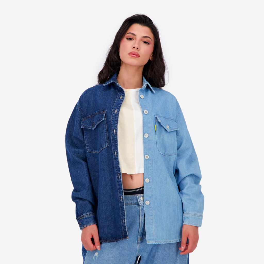 Upcycling chemise oversized femme en jeans bi-couleur - SHER V2