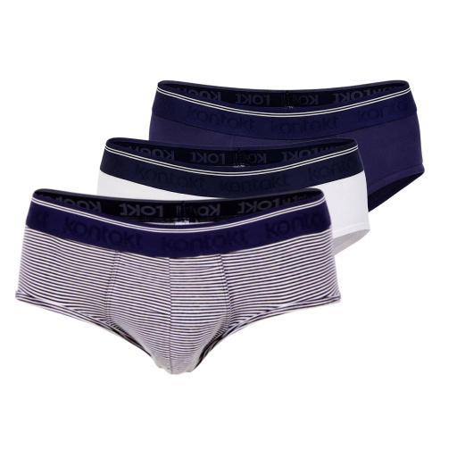 [05-010-20-049-K1001-L] Lot de 3 slips midi homme en coton stretch (Bleu Marine Rayure Blanc &amp; Bleu Marine &amp; Blanc, L)