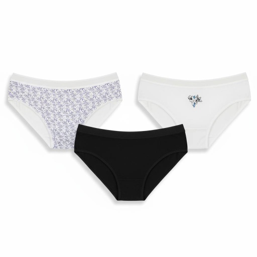 [05-010-20-052-K1006-L] Lot de 3 Slips taille haute femme bords elastique large en coton stretch (Blanc &amp; Noir &amp; Blanc Imprimé Feuilles Bleu, L)