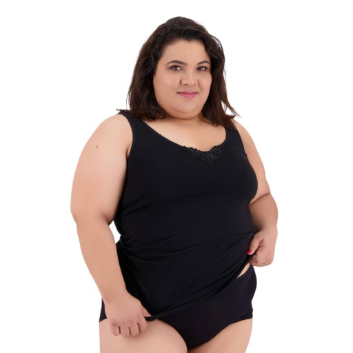 [05-010-34-016-K040-3XL] Débardeur femme grande taille en coton pur détail dentelle (Noir, 3XL)