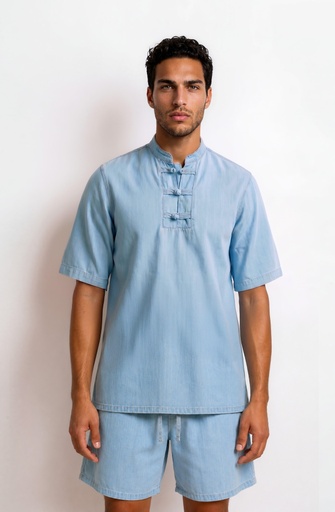 [01-010-09-104-K412-L] Tunique homme manches courtes avec détail dengri-TAHA (Jeans Bleu Clair, L)