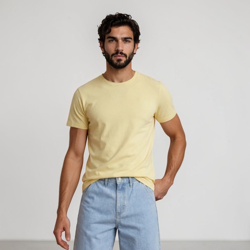 [05-010-02-842-K033-L] T-shirt homme manches courtes avec broderie (Jaune Pastel, L)
