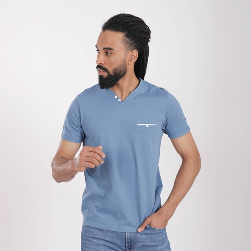 T-shirt homme manches courtes col tunisien et poche passepoilée