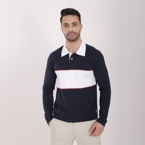 Polo homme manches longues avec découpe devant et piping