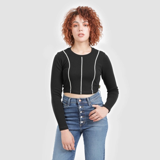 T-shirt crop côtelé femme manches longues avec flat lock