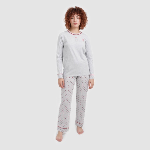 Pyjama femme manches longues avec patte boutonnée et pipping