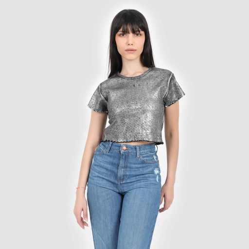 T-shirt crop côtelé femme manches courtes effet metallique