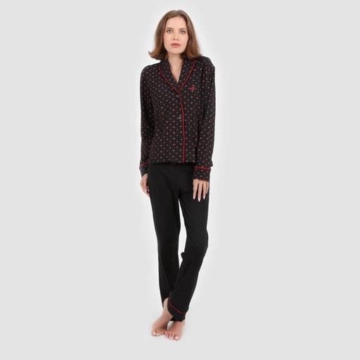 Pyjama boutonnée femme manches longues avec pipping