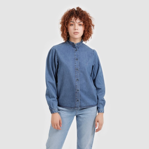 Blouse femme col tunisien en jeans - TIBA