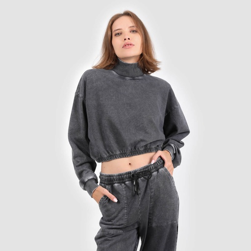 Sweat crop délavé femme col cheminé