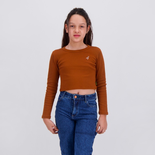 T-shirt crop fille manches longues avec broderie