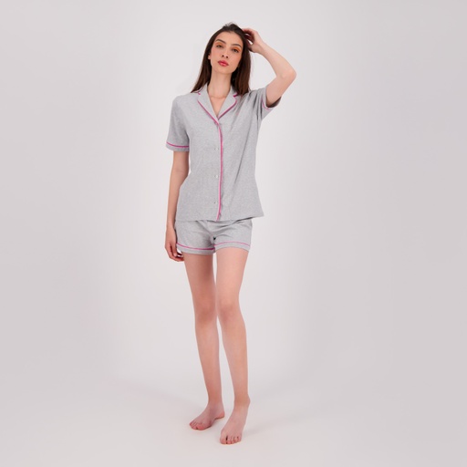 Pyjama chemise et short femme manches courtes avec pipping