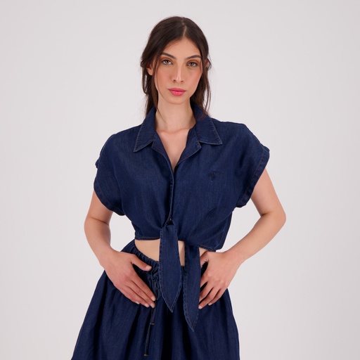 Chemise cropped femme avec nœud en jeans - TAHANI