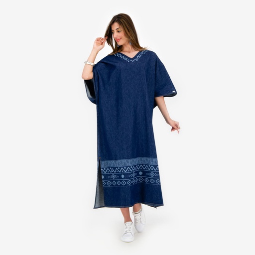 Robe jebba femme en jeans - JAMILA - Bleu Marine &amp; Imprimé Rose Bleu