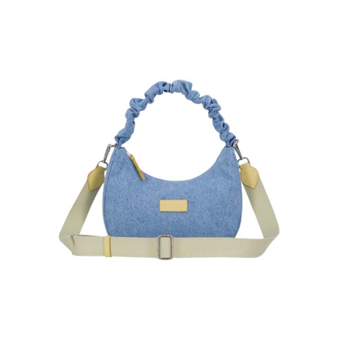 Sac demi lune scrunchie femme en jeans et cuir - Jaune Moutard &amp; Imprimé Forme &amp; Rose Fushia