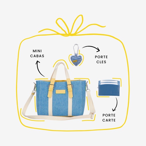 Pack cadeau porte carte, mini cabas &amp; porte clés